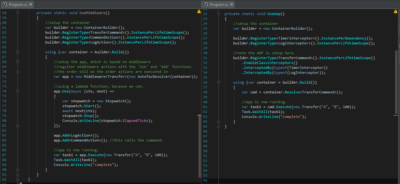 the setup of the middleware (left) and AOP (right)